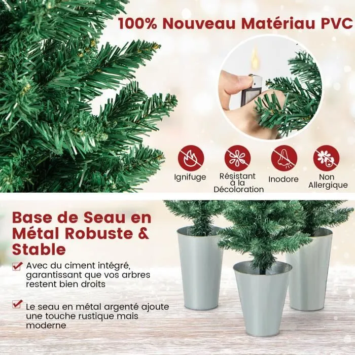 COSTWAY Lot de 3 Sapins de Noël Artificiels 90-120-150 CM avec 120-140-160 Pointes de Branches en PVC, Bases Métalliques avec Ciment-2
