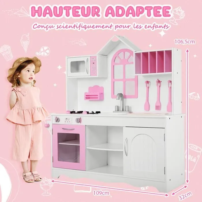 COSTWAY Cuisine Enfants Dinette en Bois avec Evier, Four, Micro-ondes,Cuisinières, 3 Spatules, 109 x 32 x 106,5 cm Rose-3