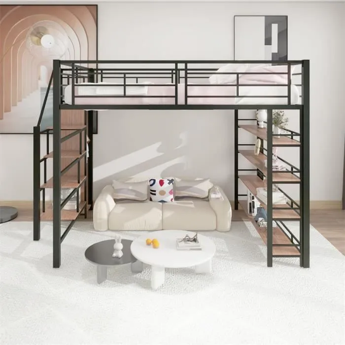 Lit mezzanine - DREAMMESPACE - 140x200cm - Noir - Échelle de rangement - Petite penderie intégrée-1