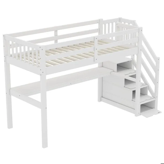 Lit mezzanine - Blanc - 90x200cm - Bureau intégré - Escalier avec rangement - 1 place-4