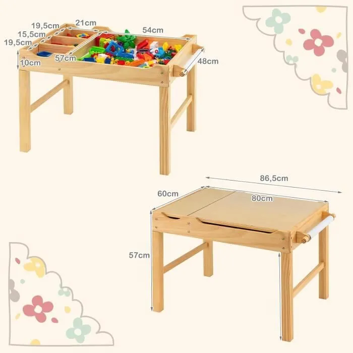 COSTWAY 2 en 1 Table pour Enfants avec Plaques lego, Rangement Caché, Plateau Réversible avec Rouleau de Papier pour Dessiner 3 Ans+-3