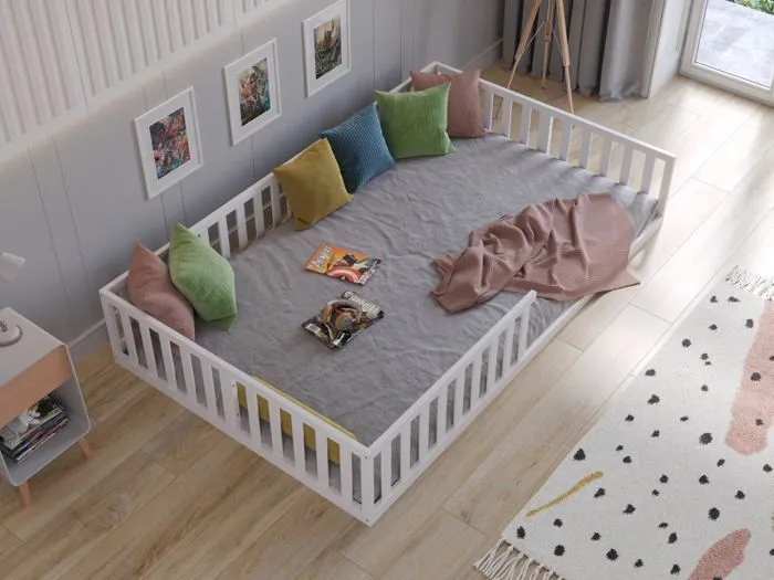 Lit au sol Montessori en bois blanc 120x200 cm, Lit Enfant pour filles et garçons-3