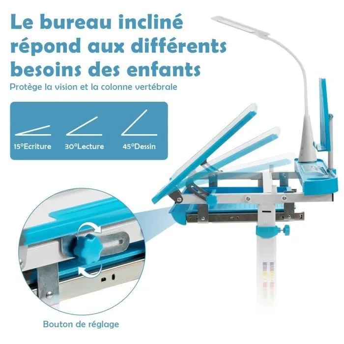 COSTWAY Ensemble Bureau et Chaise pour Enfants avec Éclairage LED, Plateau Incliné et Tiroir Coulissant, Réglable en Hauteur Bleu-2