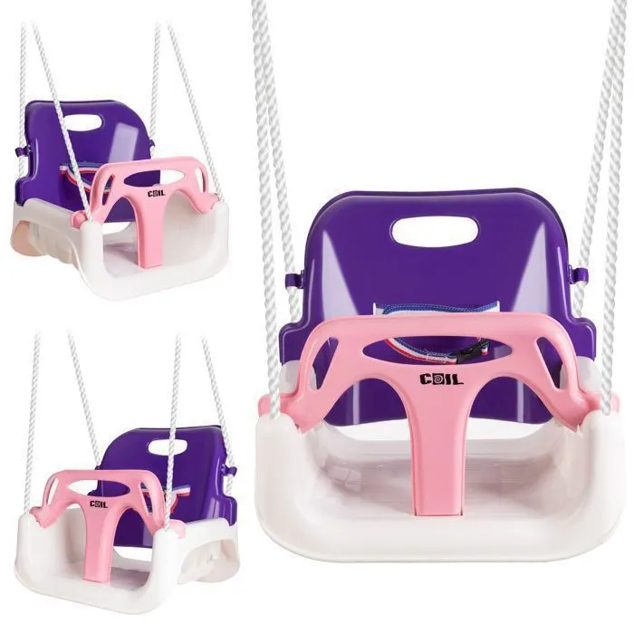 COIL Balançoire de jardin pour enfants, balançoire pour enfants, solide, 3 en 1 + ceintures, jusqu'à 60 kg, blanc-rose-1