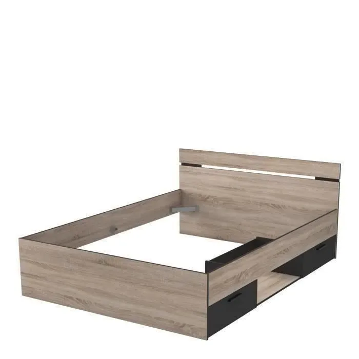 DEMEYERE Michigan Lit adulte 140x190 cm - 2 tiroirs et 1 niche - Industriel - Décor chêne brossé et noir-5