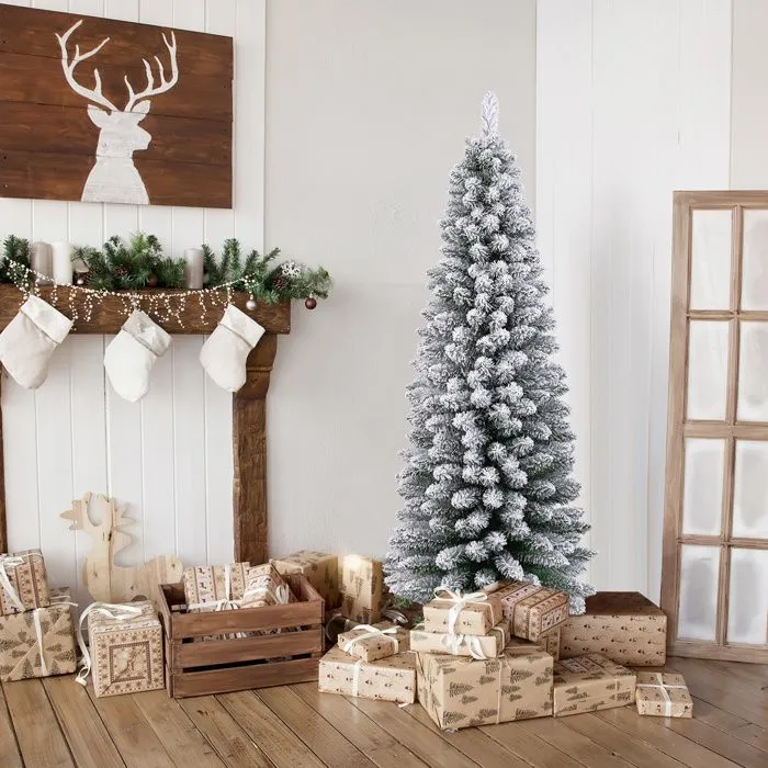 Sapin de Noël Artificiel 150 cm COSTWAY, Floqué de Neige, Support en Métal Pliable, 328 Branches, Forme Fine, pour Petits Espaces-0