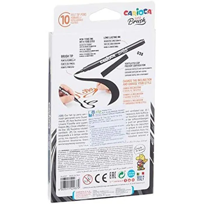 Feutres - CARIOCA - Pisaki Carioca - Lot de 10 - Pointe pinceau souple - Encre super lavable - Multicolore-1