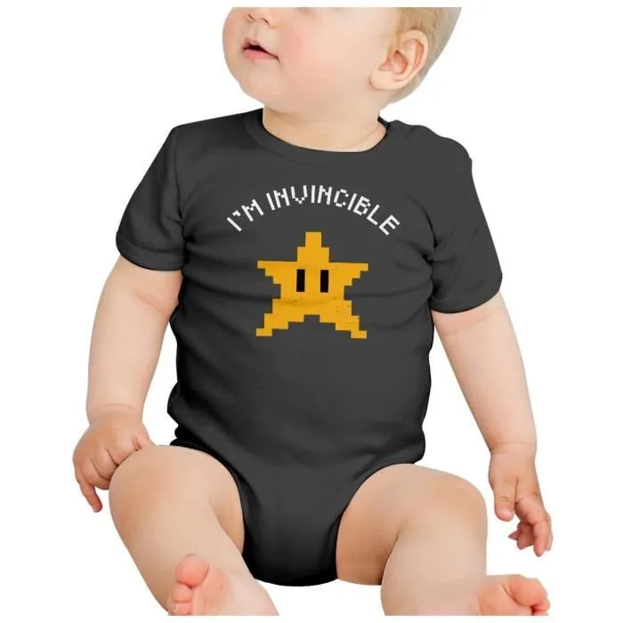 Body Bébé Manche Courte Noir Etoile Mario Invincible Jeux Vidéo Retro Gaming Vintage-1