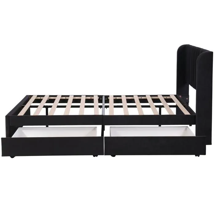 Lit double - Noir - 140 x 200 cm - Velours - Avec tiroirs - Style Scandinave-2