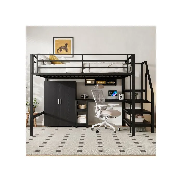 Lit mezzanine, 140*200cm , armoire, étagères, échelle de rangement, bureau, sans matelas, noir-2