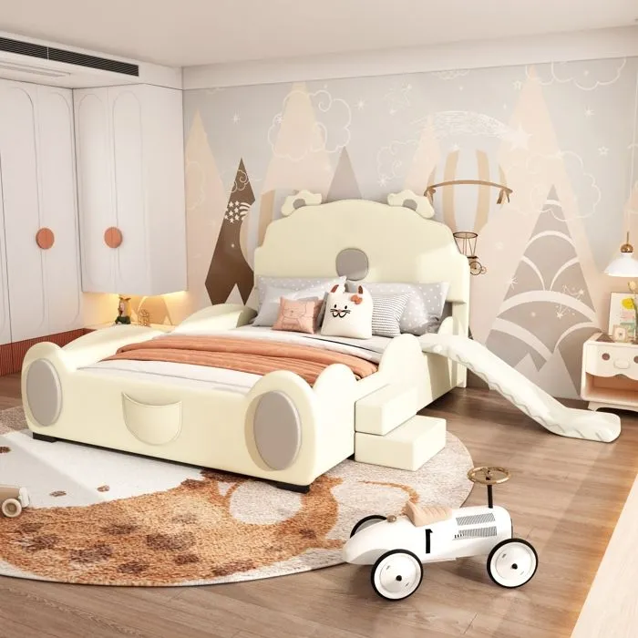 Lit enfant - Non spécifié - 140x200cm - Beige - Design ours - Toboggan inclus-0
