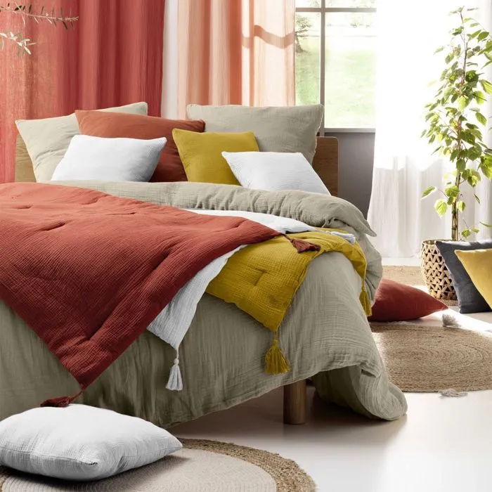 Parure de lit 240 x 220 cm double gaze coton uni 57 fils Angelia Sable-4