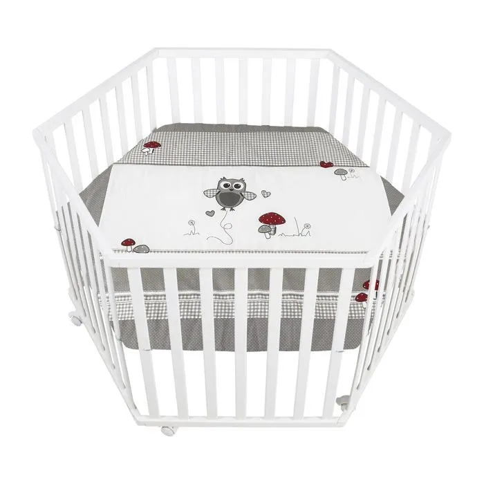 ROBA Parc Bébé Hexagonal en Bois Adam & Eule + Tapis de Parc et Roulettes avec Freins - Base Ajustable en Hauteur - Blanc-0