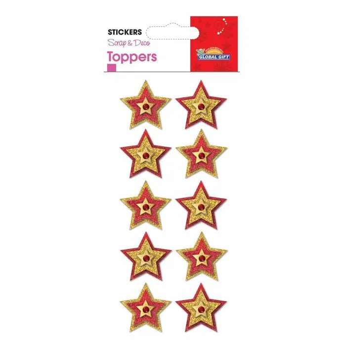 Stickers Noël en relief - Etoiles dorées et rouges à paillettes-0