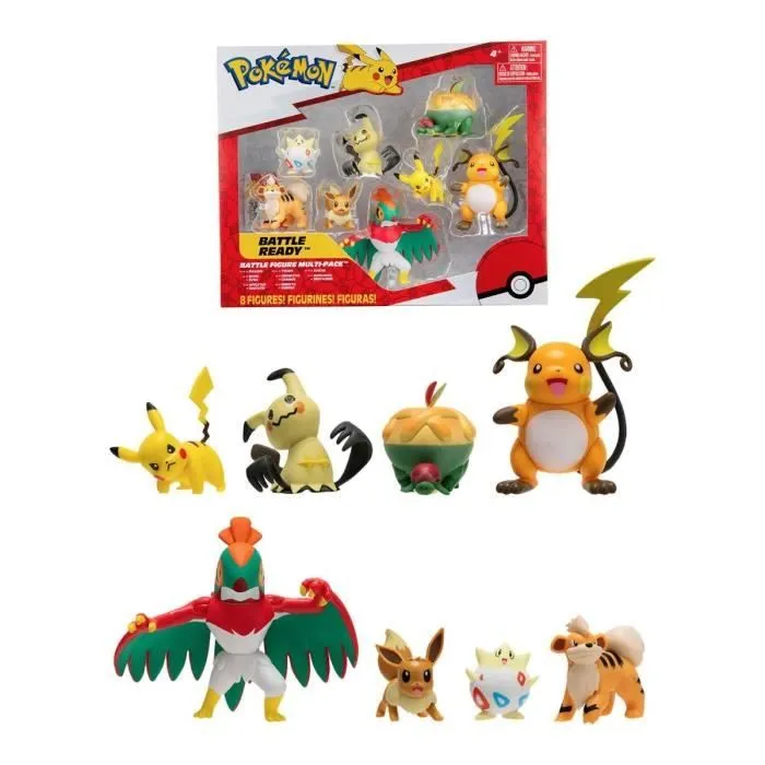 8 figurines Battle BANDAI - Pokémon - Pikachu, Evoli, Dratatin, Togepi, Caninos, Mimiqui, Raichu et Brutalibré-0