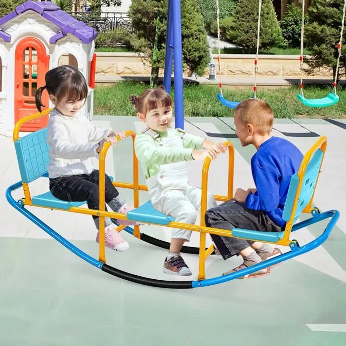 COSTWAY Balançoire à Bascule 2-3 Enfants Trébuchet en Métal Tape-Cul Jardin avec Poignées 3 - 8 Ans Station de Jeu Extérieure Bleu-5