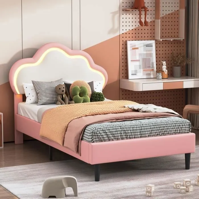 Lit enfant 90x200cm - Simili cuir - Rose - Tête de lit nuage LED - Rembourré - 1 place-0