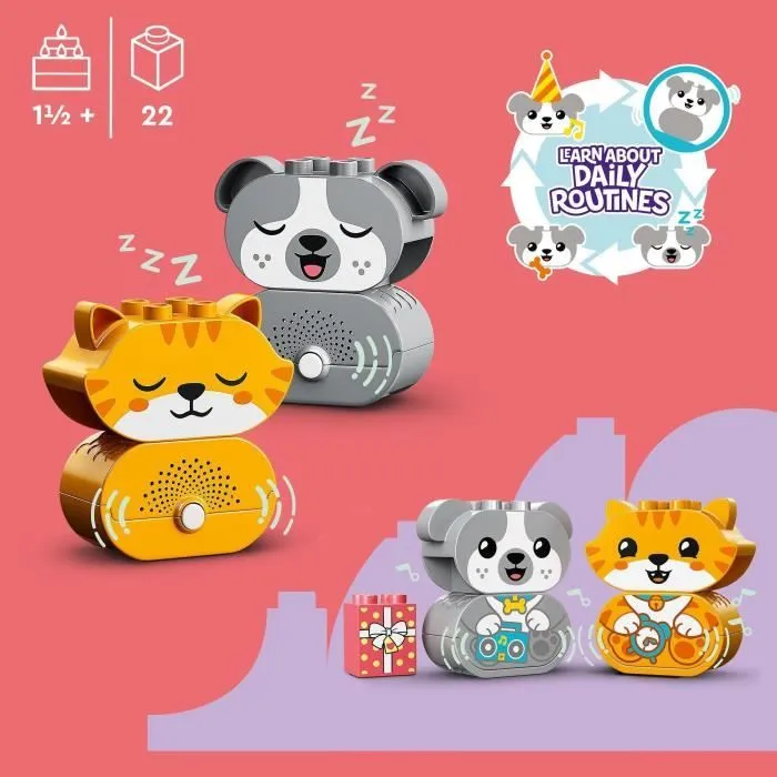 LEGO 10977 DUPLO Mes Premiers Chiot et Chaton avec Effets Sonores, Jouet Bébés Dès 18 Mois, Figurines Animaux, Grosses Briques-2
