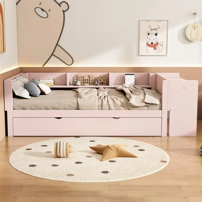 Lit gigogne 90x200cm+90x180cm, avec petit bureau, trois étagères sur le côté du lit, rose-2