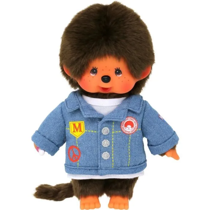 Bandai - Monchhichi - Peluche Monchhichi veste en jean - Peluche toute douce 20 cm pour enfants et adultes - SE23396-0