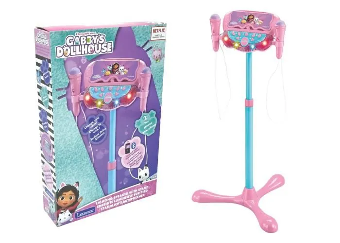 Microphone Gabby et la maison magique sur pied ajustable lumineux avec enceinte, 2 Micros et Effets vocaux, Enceinte Bluetooth-0