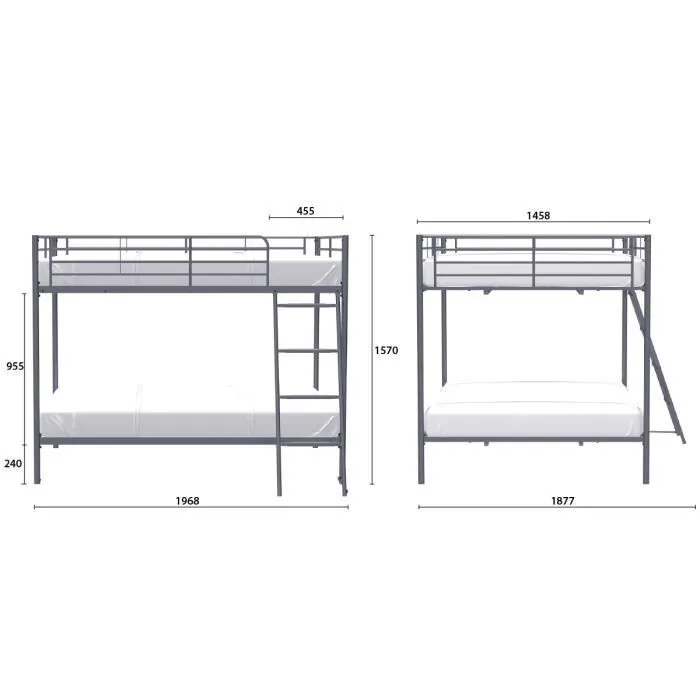 Lits superposés en métal - Dark Grey - Sommiers inclus - 2 x 140 x 190 cm - ALICE-8