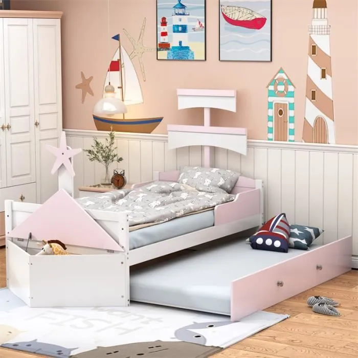 Lit gigogne - DREAMMESPACE - Voilier - 90x200cm - Métal - Rose-0