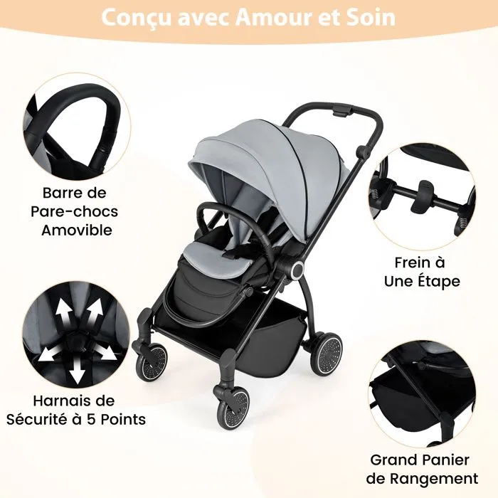 COSTWAY Poussette Canne Pliable Bébé avec Siège Réversible & Dossier Inclinable, Panier Inférieur, Harnais à 5 Points, 15 kg, Gris-2