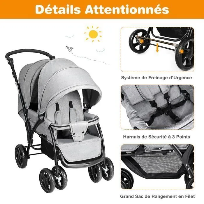 COSTWAY Poussette Double Pliable pour Jumeaux Auvent Capote Réglable Canne Landau 4 Roues Anti-chocs Harnais à 5 Points Charge 30kg-2