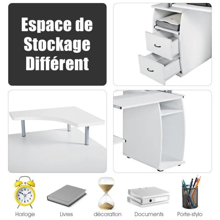 COSTWAY Bureau Informatique avec Rangement Imprimante, 2 Tiroirs, Coulissant Clavier, Table d'Ordinateur Blanc-2