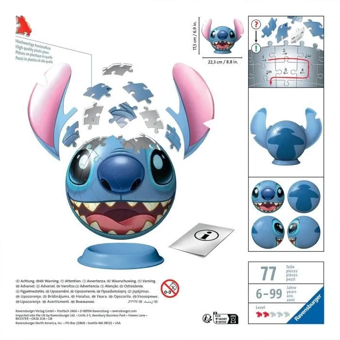 Puzzle 3D Ball Disney Stitch 72 pièces, Dès 6 ans, Ravensburger, 11574-4