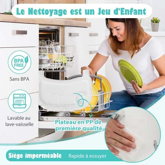 Chaise Haute Bébé 4-en-1 COSTWAY-Plateau Double Amovible Lavable à 2 Positions-Harnais de Sécurité à 3 Points 6-36 Mois-15 kg-Blanc-3