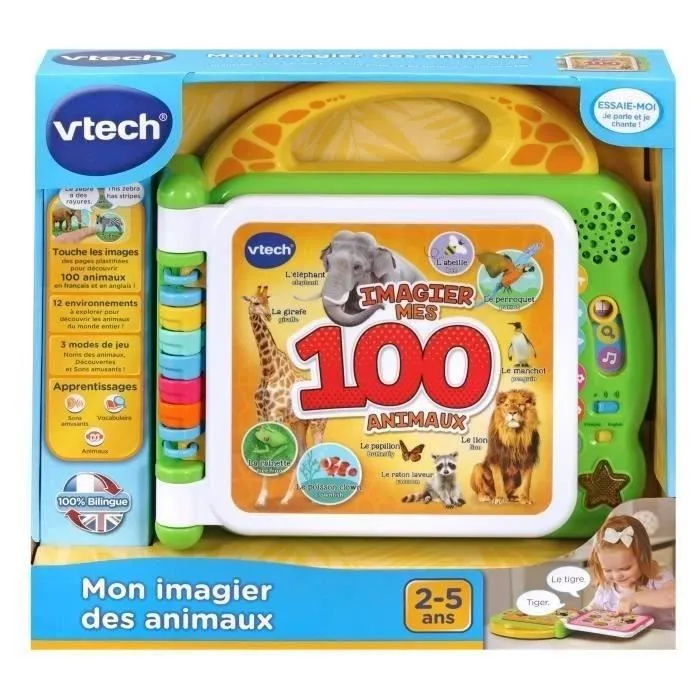 VTECH - Mon Imagier Bilingue - 100 Animaux - Livre interactif bilingue - Pour Enfant - Pile - Multicolore-1