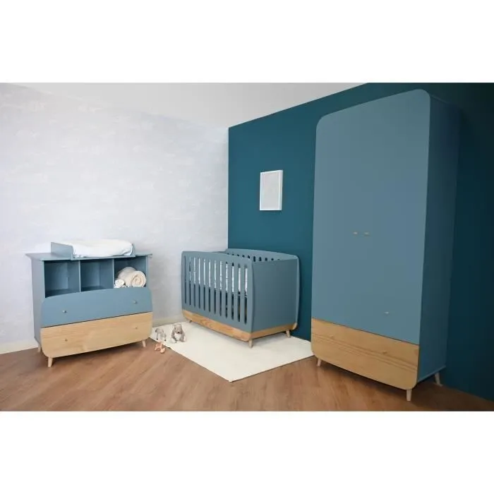 Ens. lit bébé 70 x 140 Kit évolutif, commode 2 tiroirs 3, niches et 1 plan à langer, 1 armoire - FIRMIANA - Bleu / bois - DEMEYERE-0