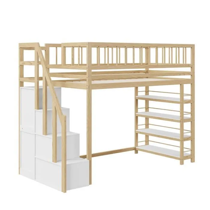 Lit mezzanine - DREAMMESPACE - 90x200cm - Bois massif - Armoire et étagères - Échelle de sécurité-2