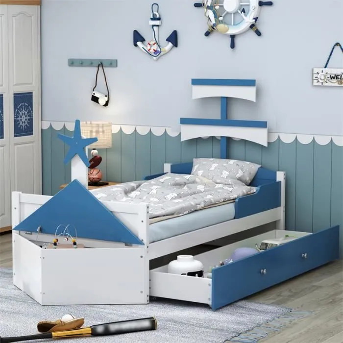 Lit simple enfant - DREAMMESPACE - 90x200cm - Design voilier - 1 tiroir - Métal et MDF-0
