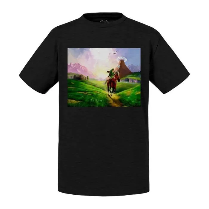 T-shirt Enfant Noir Zelda Plaine Hyrule A Cheval Jeux Video-0