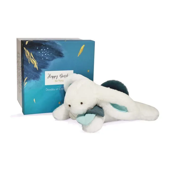 Doudou et Compagnie - Peluche Lapin - 25 cm - Lapin Pompon Blanc/Bleu Paon - Jolie Boîte Cadeau - Happy Pop - Happy Doudou To You-1