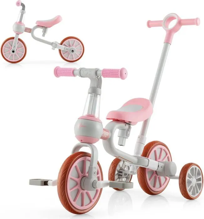 COSTWAY Tricycle Evolutif 5-en-1 avec Putter pour Enfants 2-4 Ans, Pédale et Roue Arrière Amovible, Siège et Poignée Réglables Rose-0