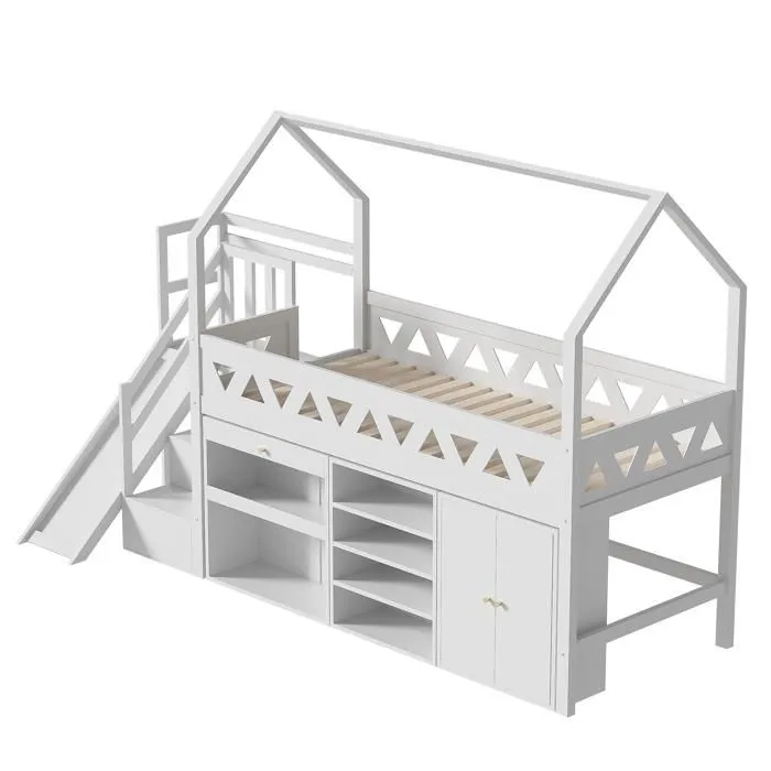 Lit mezzanine - Blanc - 90x200 cm - avec toboggan et escalier - rangement intégré - bois massif-2