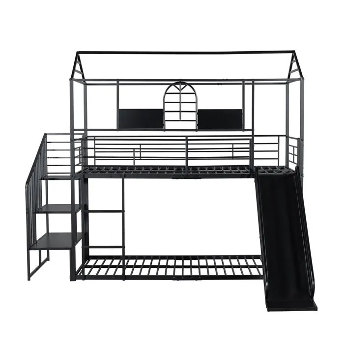 Lit superposé, Lit d’enfant avec toit et fenêtre, Avec toboggan et échelle latérale, Avec échelle latérale, Noir, 90x200cm-4