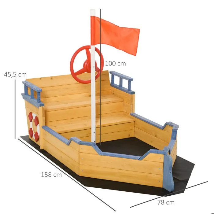Bac à sable forme de bateau pirate - Outsunny - boîte à sable pour enfant - gouvernail drapeau rouge 2 marches - espace de rangement-3