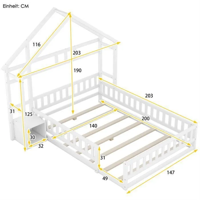 Lit cabane - DREAMMESPACE - 140x200 cm - Bois massif - Blanc - Avec chevets-3