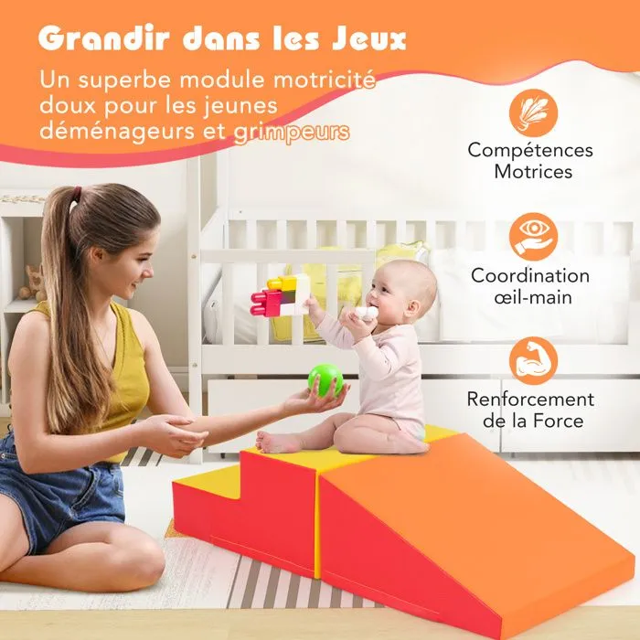2PCS Module Motricité Bébé en Mousse COSTWAY-Bloc de Construction Housse PU Imperméable & Amovible-Attache Auto-aggrippant-Orange-2