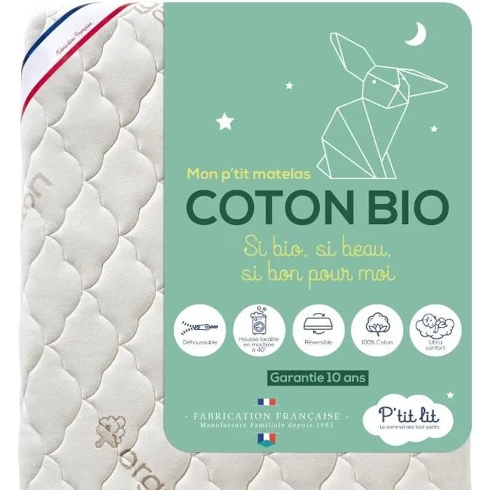 P'tit Lit - Matelas Bébé Coton Bio - 60x120 cm - 100% Coton : matière Naturelle d'origine Végétale - Sans traitement chimique --0