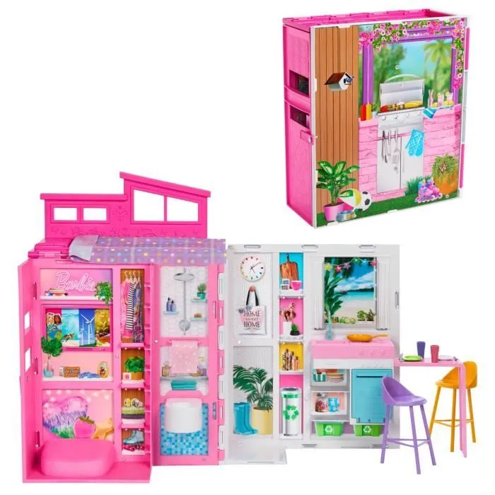 Maison de vacances - Barbie - Coffret avec poupée - 4 zones de jeu - Rose - 3 ans et plus-0