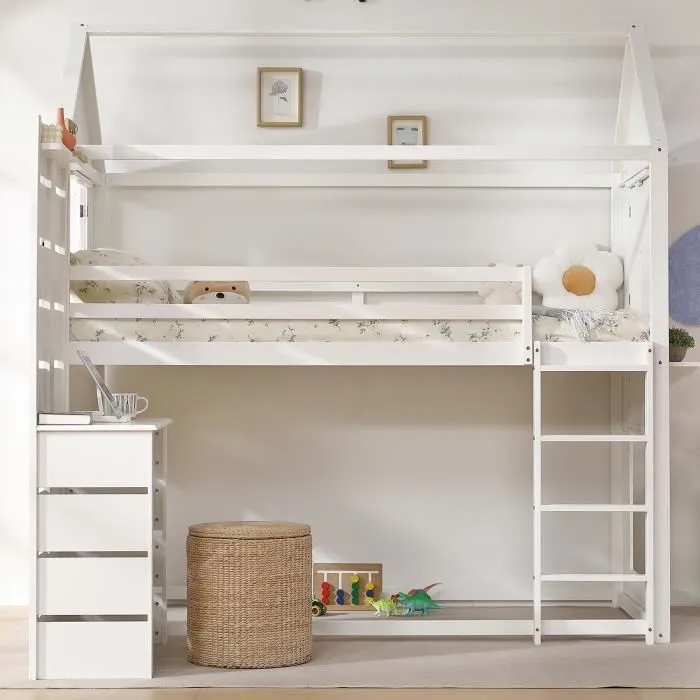 Lit superposé 90x200cm - lit cabane enfant avec 1x sommier à lattes et table, étagère ouverte, 2 fenêtres - pin+MDF, blanc-0