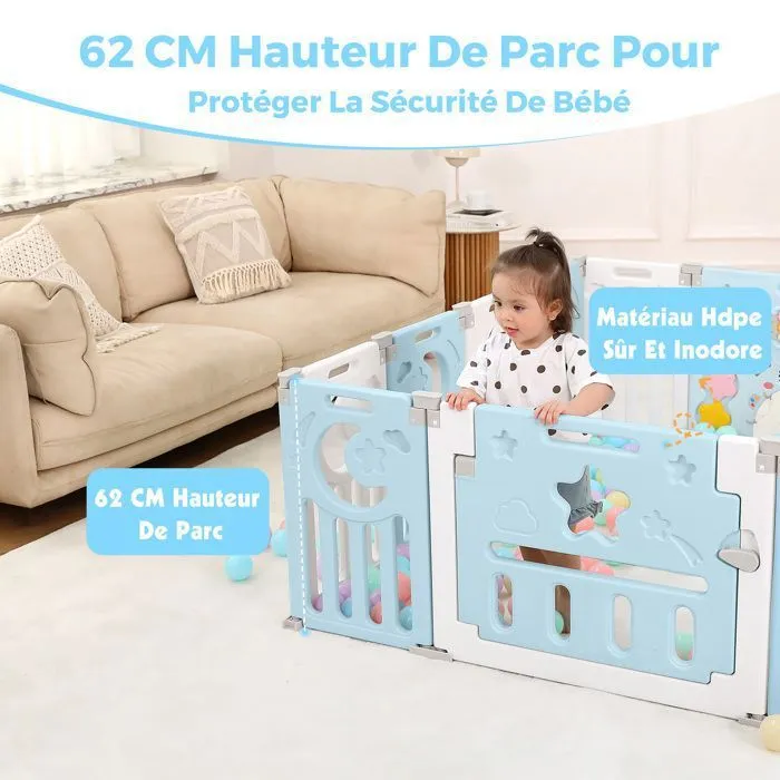 Parc Bebe 12+2 Panneaux, Parc XL Enfant Modulable Avec Verrouillage de Sécurité, Forme Réglable, Pliable,Barriere Bebe, Bleu-1