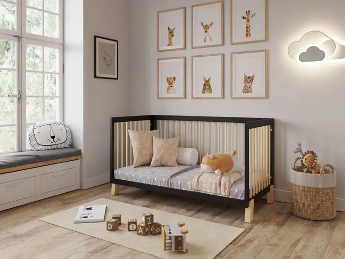 Lit Bébé Evolutif Convertible 140 x 70cm Anthracite-Pin, Lit d'enfant en bois 3 EN 1, 3 Niveaux de Réglage de la Hauteur-4
