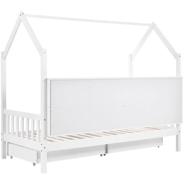 Lit d'enfant - Scandinave - 90x200 cm - Bois massif - Bibliothèque intégrée - 2 tiroirs-4